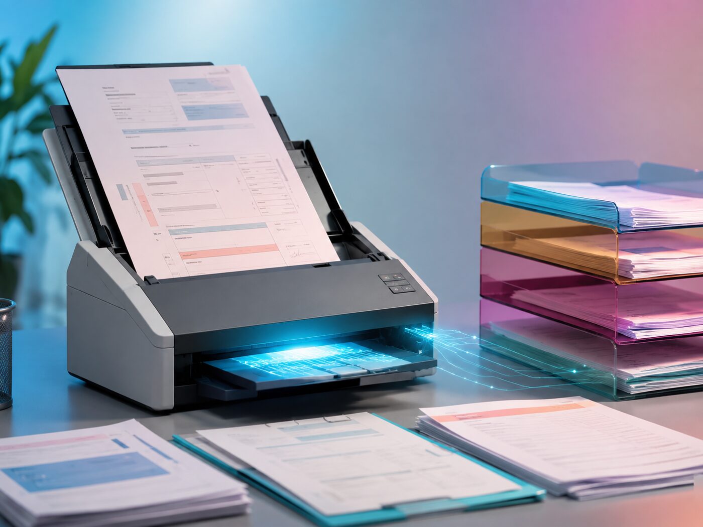 Ein Dokumentenscanner zieht ein Formular ein und legt es digital ab.